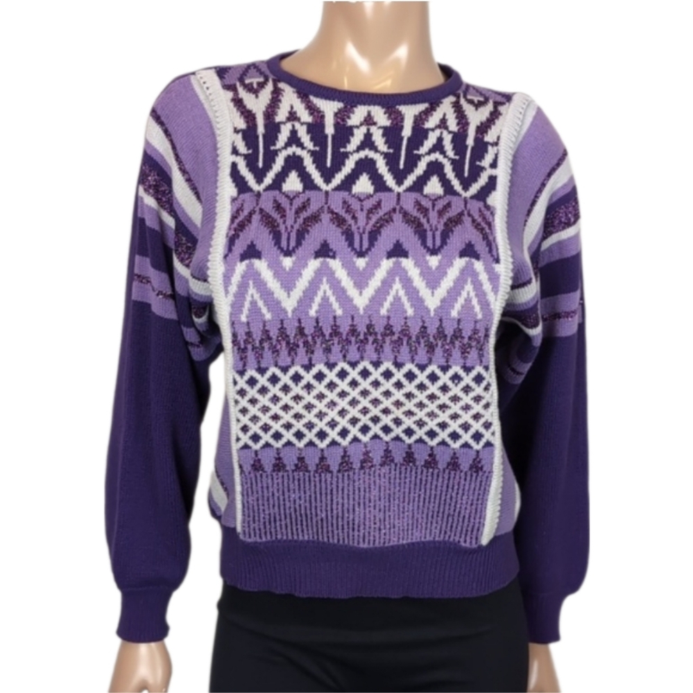 Vintage 80s Clarissa Bellini Metallic Knit Sweater Geometric Striped Slouchy